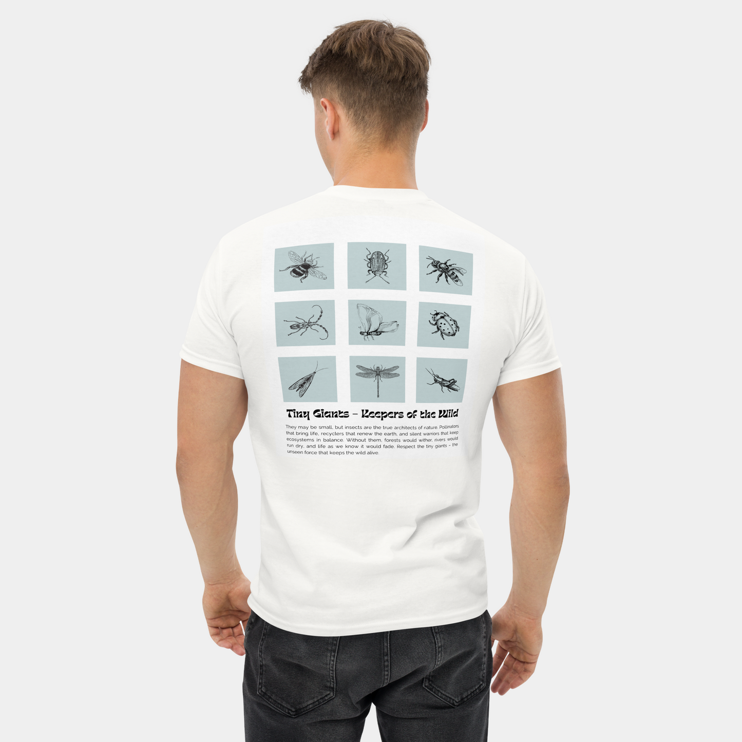 back view of man in white t-shirt with subtle logo – now 15% off