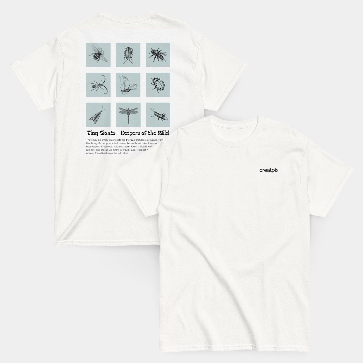 product flatlay: tiny wildlife grid shirt front and back – now 15% off