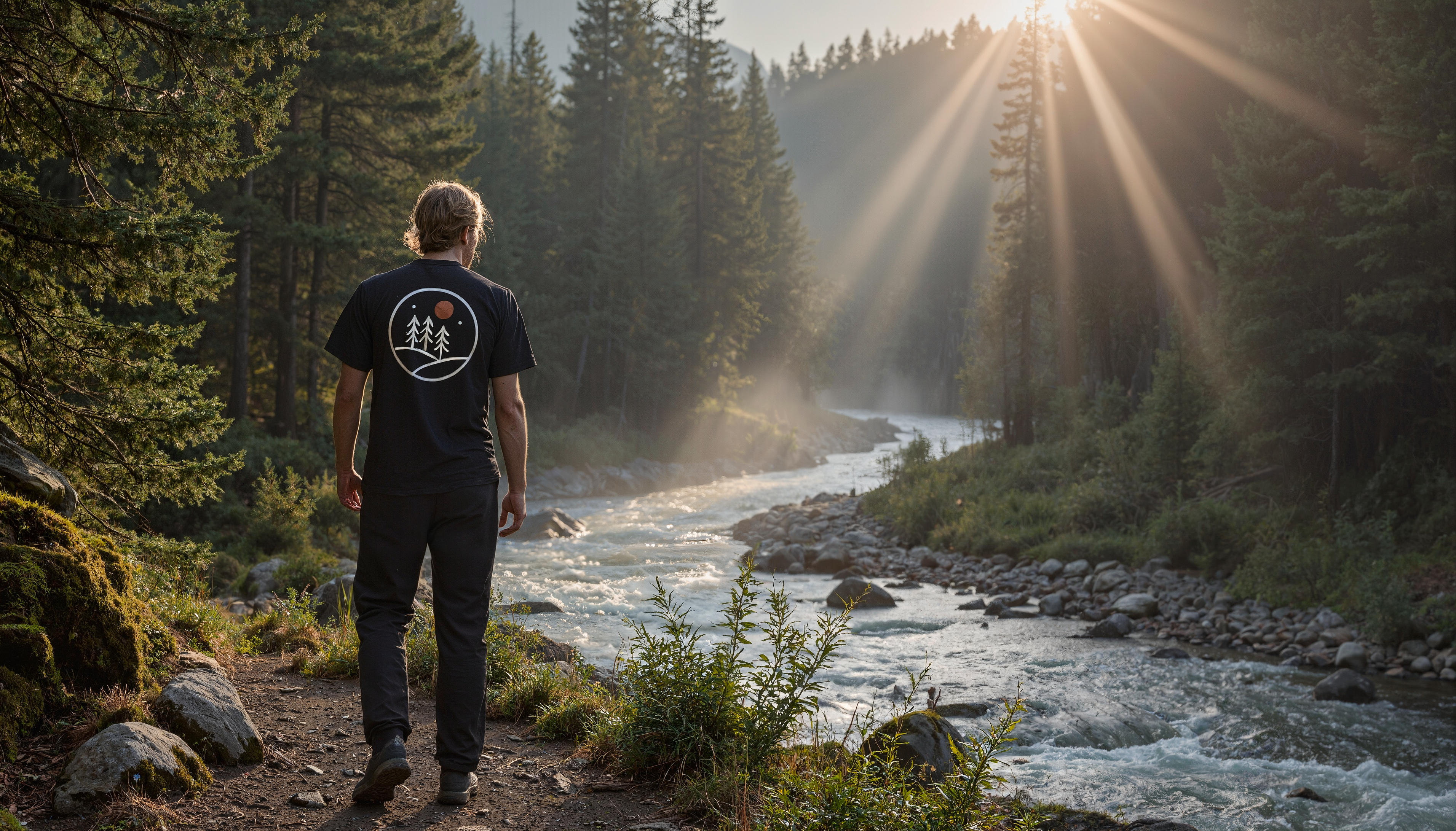 Back view on a forest trail beside a river at golden hour, wearing a Creatpix tee with a circular pine-and-sun graphic; hero banner promoting the latest drop of nature-inspired designs.