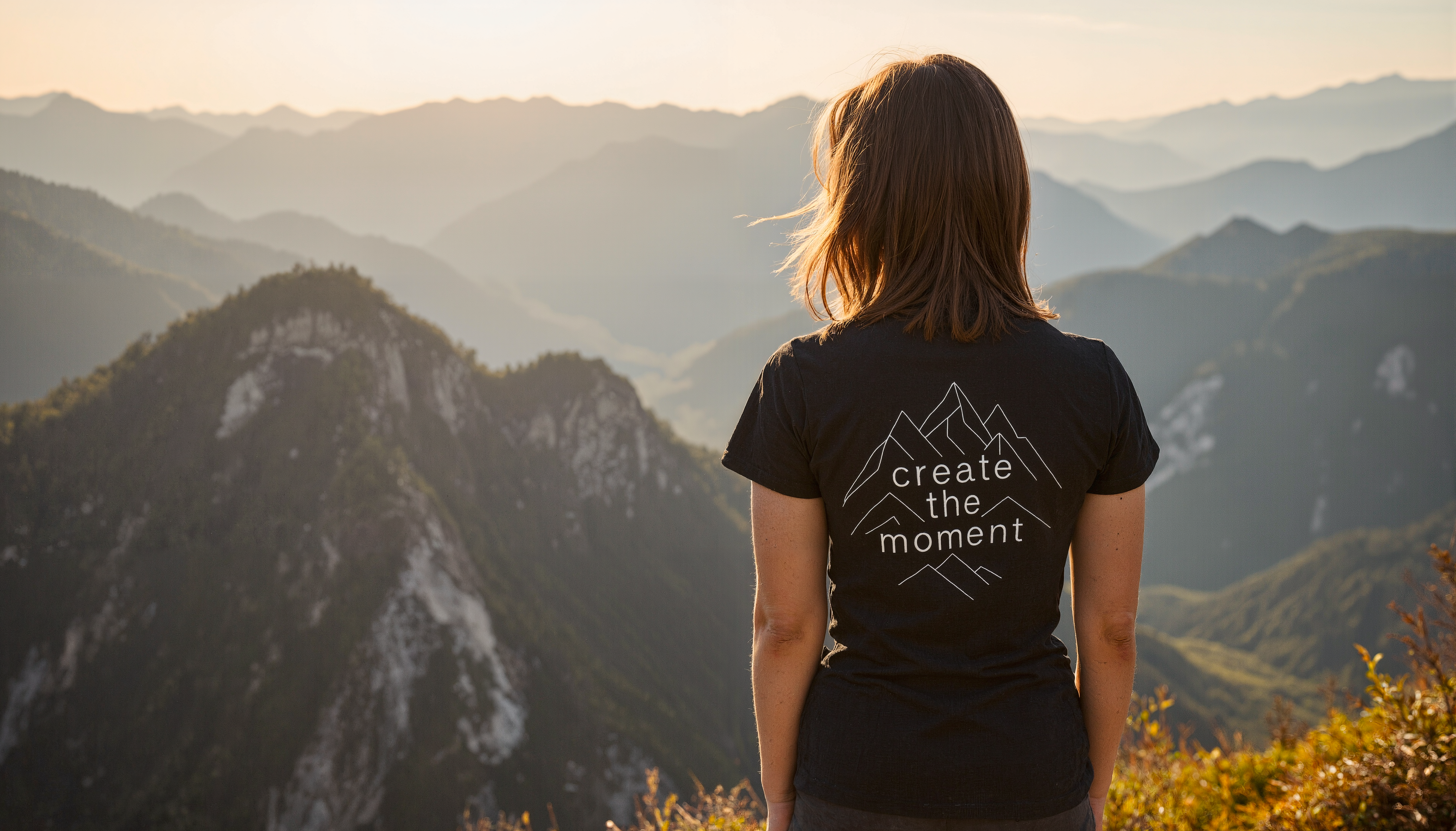 Back view wearing the Creatpix “create the moment” t-shirt on a mountain at golden hour; hero banner highlighting nature-inspired designs.