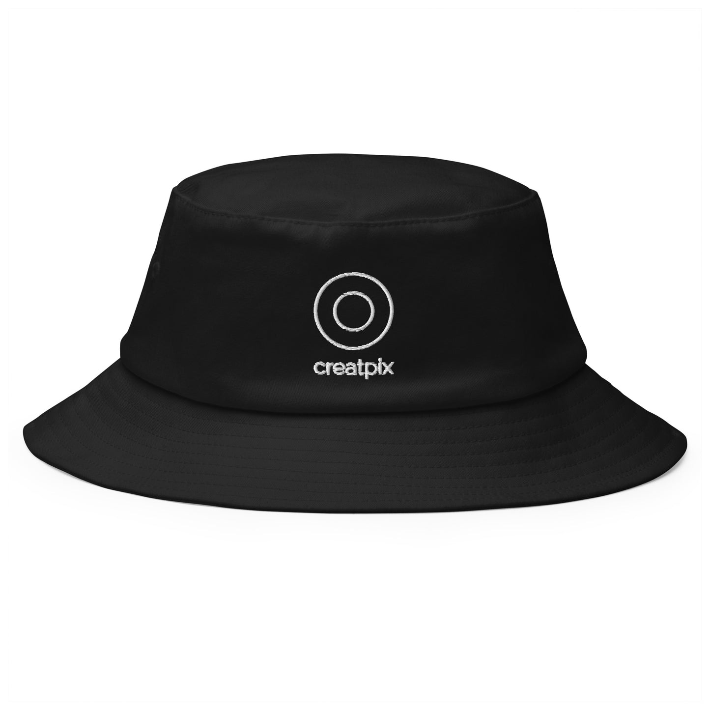 Front view of the black Creatpix classic minimal bucket hat, featuring a Flexfit sweatband and high-profile embroidery area