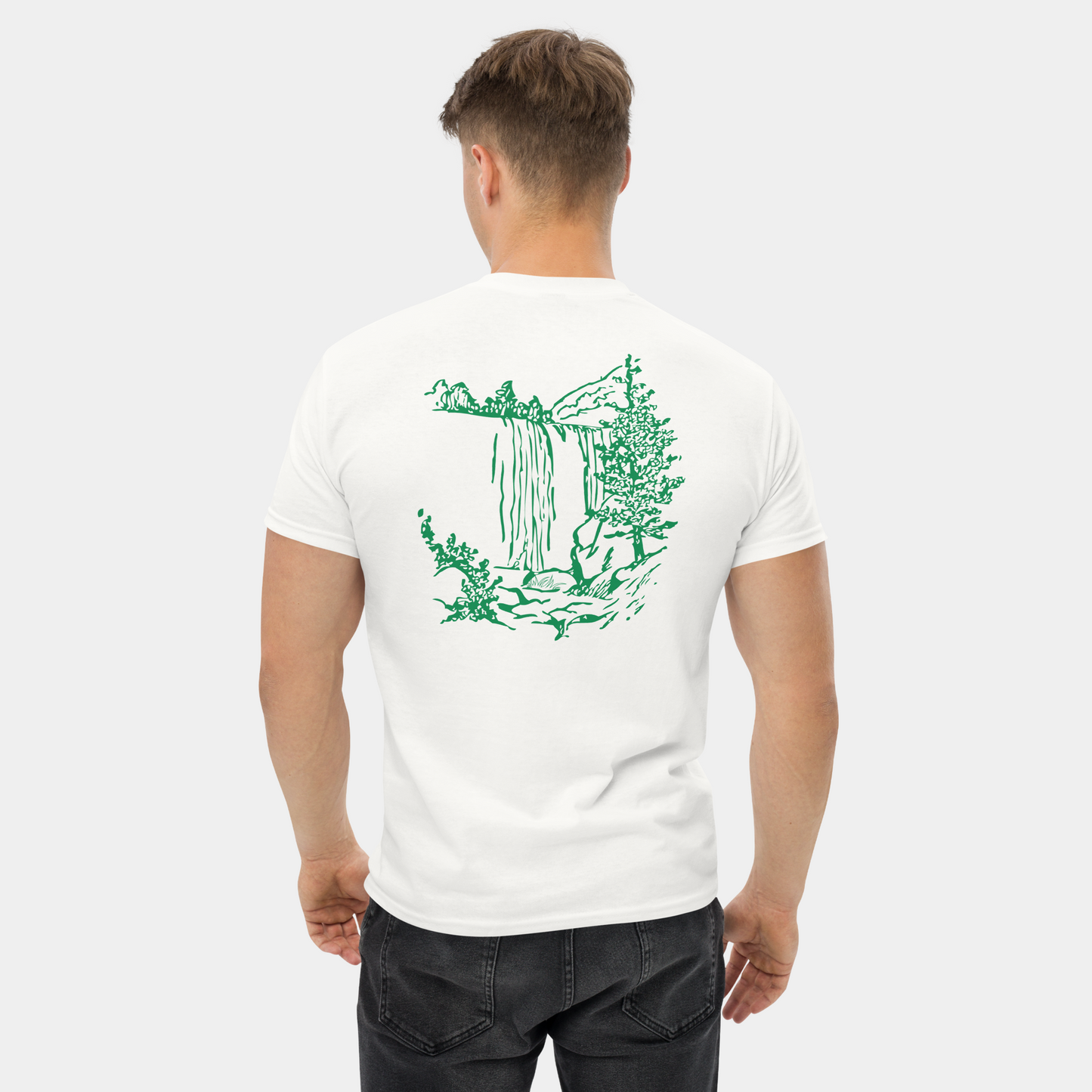back view of man in white t-shirt with small green chest logo – now 15% off