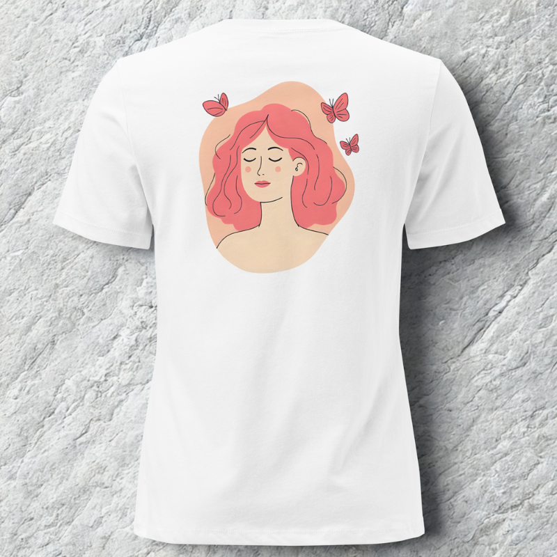 Back view of white tee with soft portrait of a woman with pink hair and small butterflies inside a peach oval, cool grey stone backdrop.