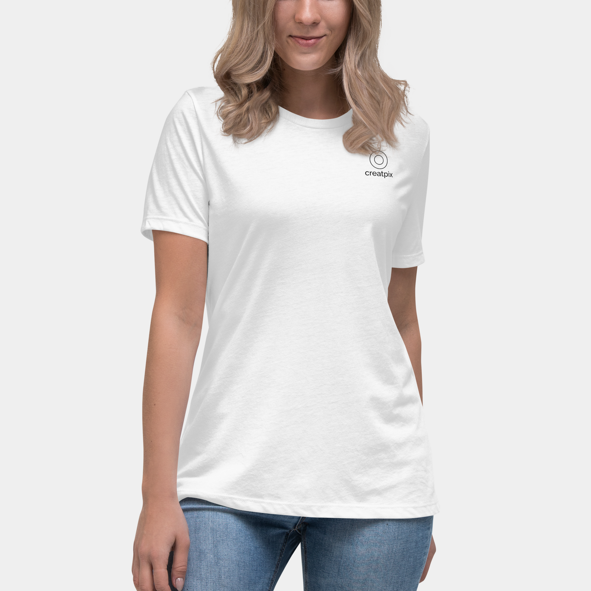 On-model front view of white tee with clean front and relaxed fit, soft studio lighting.