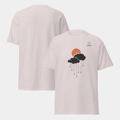 Product composite showing front with sun-and-cloud rain graphic and plain back, neutral grey background.