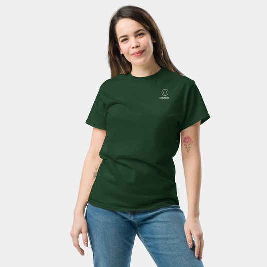 Front view of forest green unisex tee with minimal front.