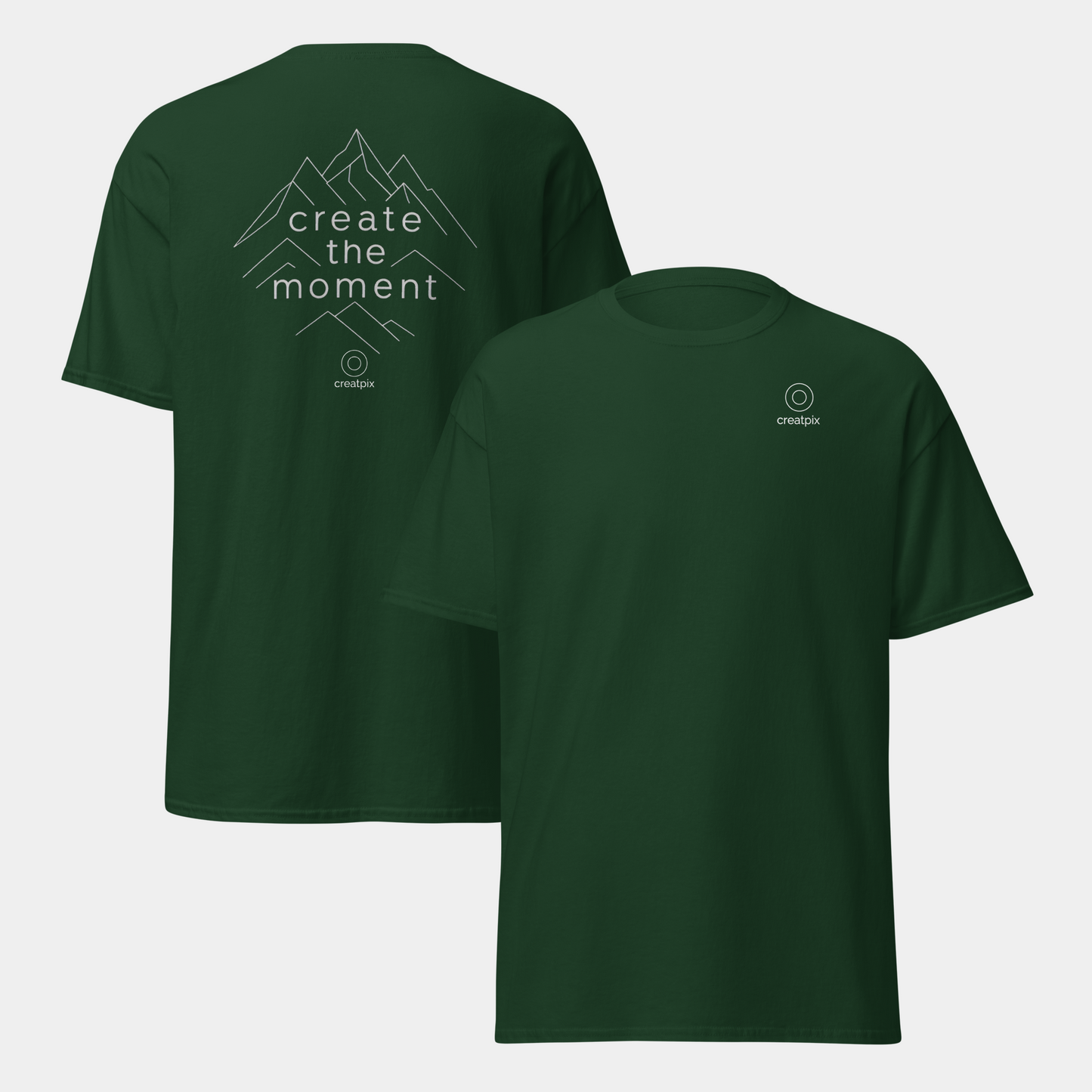 Front and back of forest green tee showing the mountain linework statement print on the back.