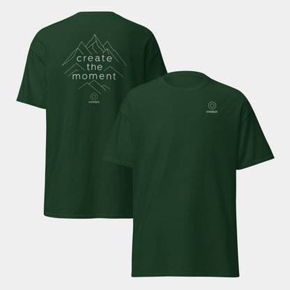 Front and back of forest green tee showing the mountain linework statement print on the back.