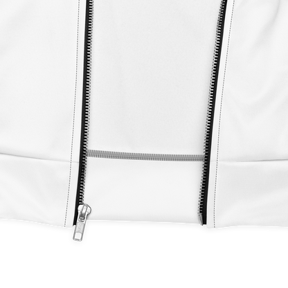 Close-up of white bomber jacket hem with contrasting black zipper and silver puller, crisp studio black backdrop.