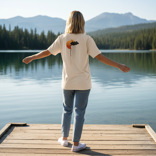 Person with open arms on a sunny dock by a mountain lake, wearing a beige Creatpix tee featuring an orange sun with dripping rain-cloud back graphic; clear, tranquil scene.