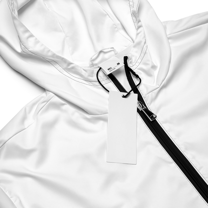 Close-up of white windbreaker hood with mesh lining, hang tag and contrasting black zipper, bright studio lighting.
