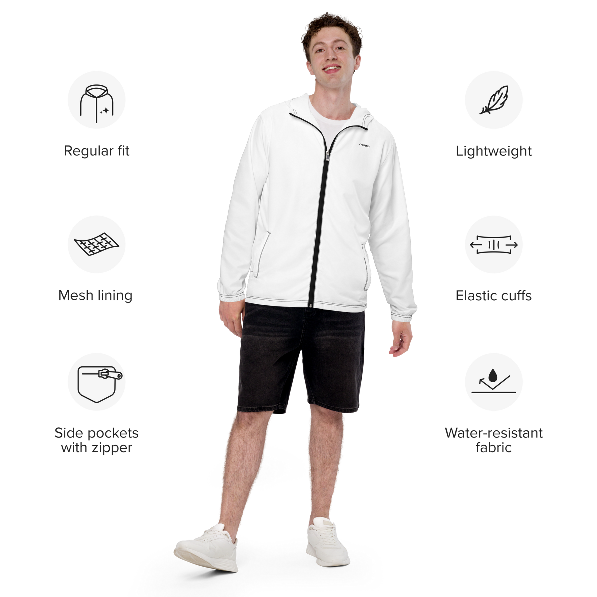 Front view of white hooded windbreaker with black zipper, elastic cuffs and welt pockets, clean studio background.