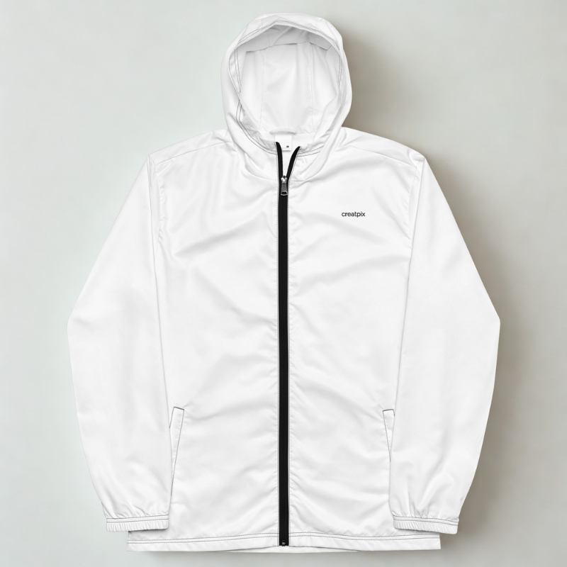 Front view of white hooded windbreaker with black zipper, elastic cuffs and welt pockets, clean studio background.