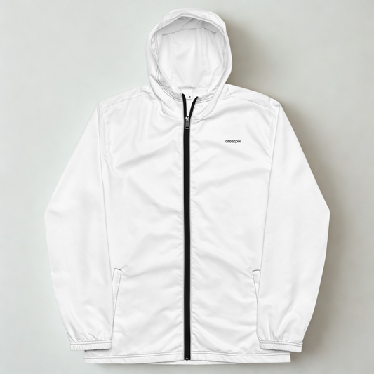 Front view of white hooded windbreaker with black zipper, elastic cuffs and welt pockets, clean studio background.