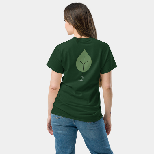 Back view of forest green T-shirt with centered minimalist leaf icon.
