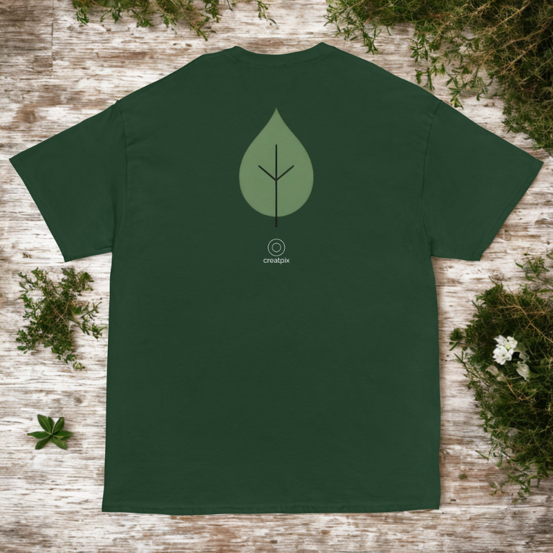 Back view of green unisex t-shirt with minimalist leaf emblem and small creatpix mark, nature flat-lay.