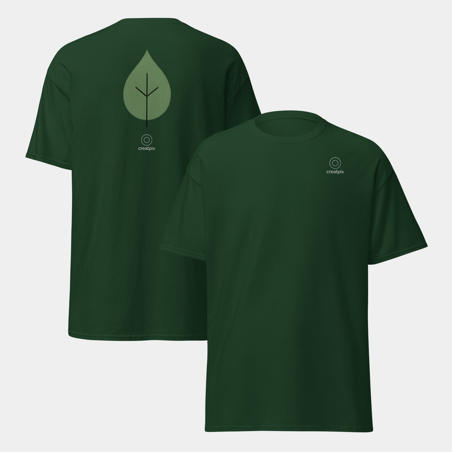Front and back of forest green tee featuring a large leaf emblem on the back.