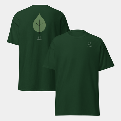 Front and back of forest green tee featuring a large leaf emblem on the back.