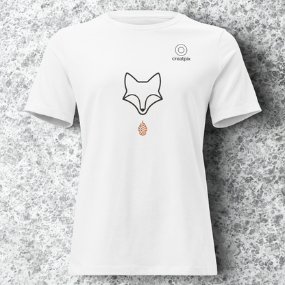 Front view of white tee with minimalist fox face and small drop emblem centered, subtle creatpix chest mark, speckled stone backdrop.