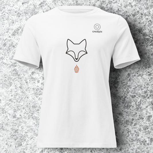 Front view of white tee with minimalist fox face and small drop emblem centered, subtle creatpix chest mark, speckled stone backdrop.