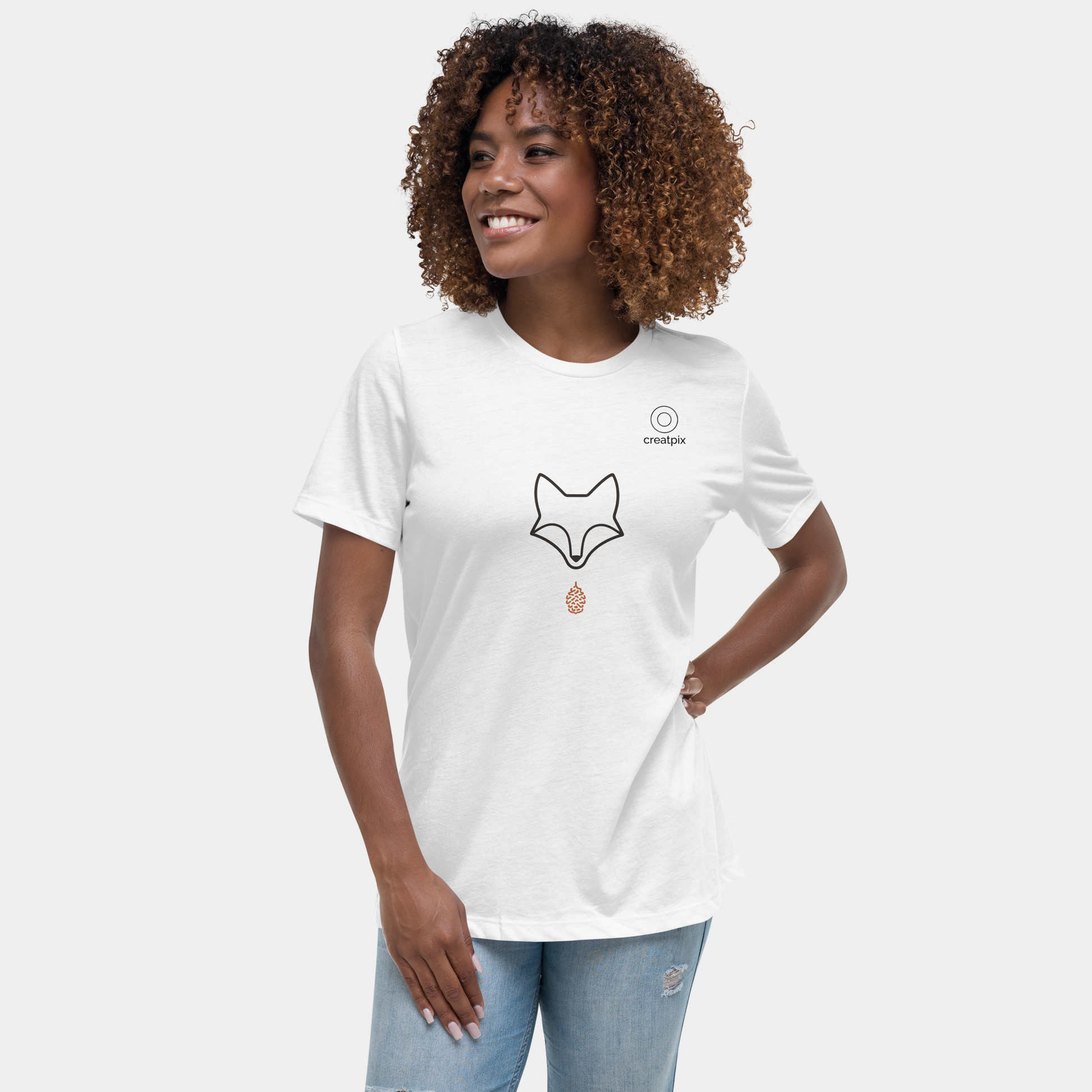 On-model front view wearing white tee with minimalist fox face and drop emblem, clean studio background.