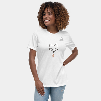On-model front view wearing white tee with minimalist fox face and drop emblem, clean studio background.