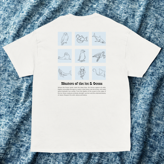 Back view of white tee with 3×3 arctic and marine animal sketches and Masters of the Ice & Ocean title and paragraph, blue rippled textile.