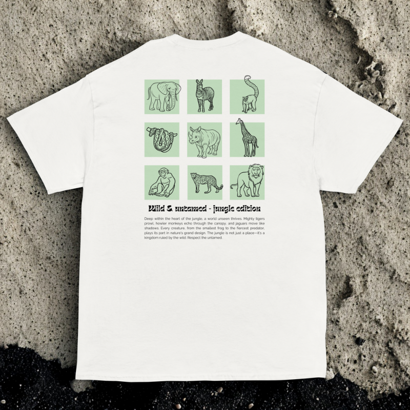 Back view of white tee with 3×3 jungle animal sketches and Wild & Untamed—Jungle Edition title and paragraph, speckled concrete backdrop.
