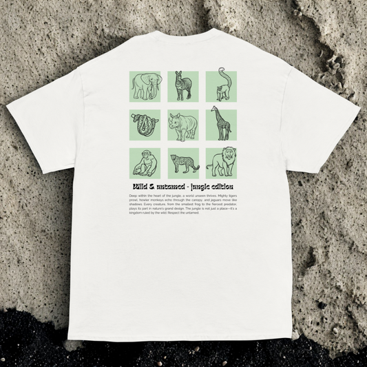 Back view of white tee with 3×3 jungle animal sketches and Wild & Untamed—Jungle Edition title and paragraph, speckled concrete backdrop.