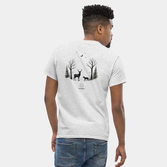 Back view of ash T-shirt with monochrome deer and fox in a moonlit forest.