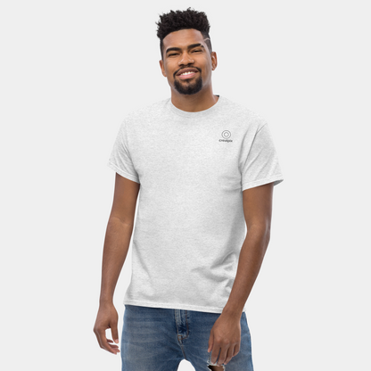 Front view of ash unisex tee with minimal front.