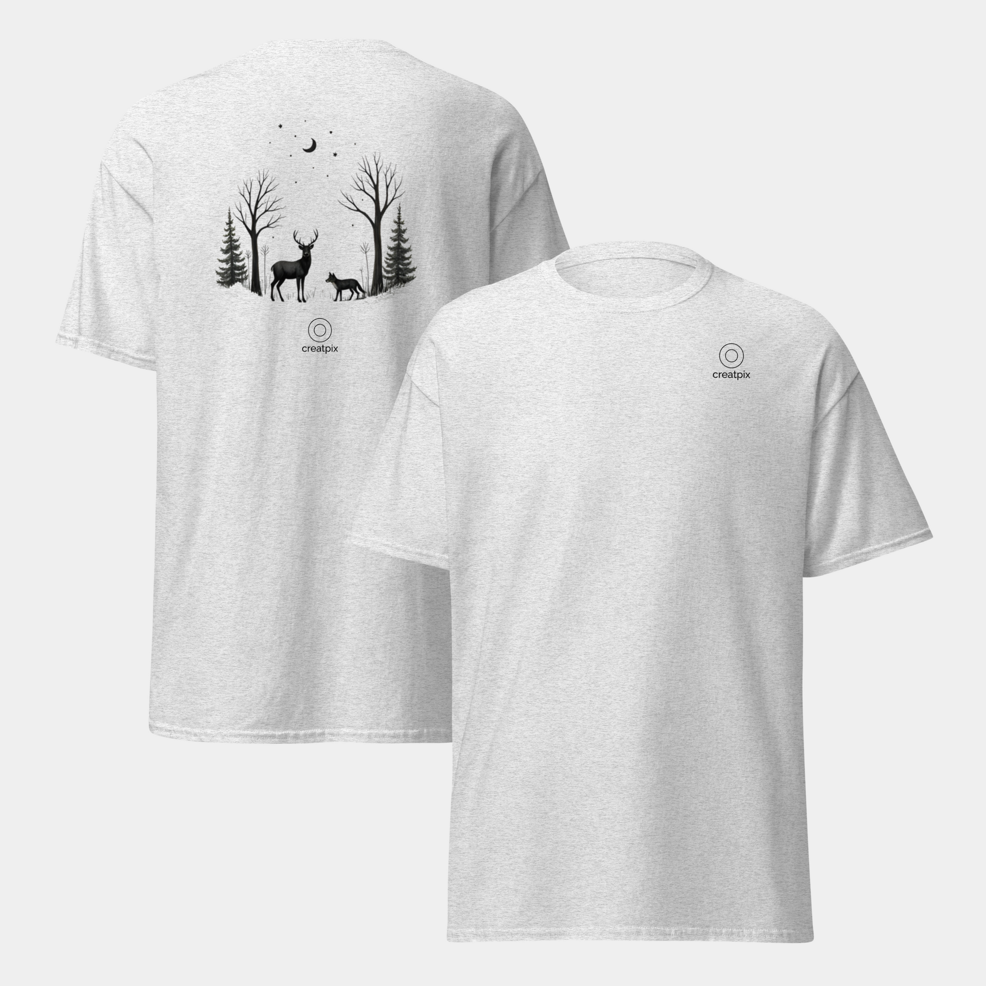 Front and back of ash tee showing the moonlit forest animal artwork on the back.