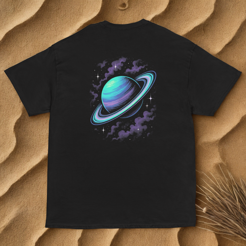 Back view of charcoal tee with glowing neon planet and ring graphic, subtle gradient light on backdrop.