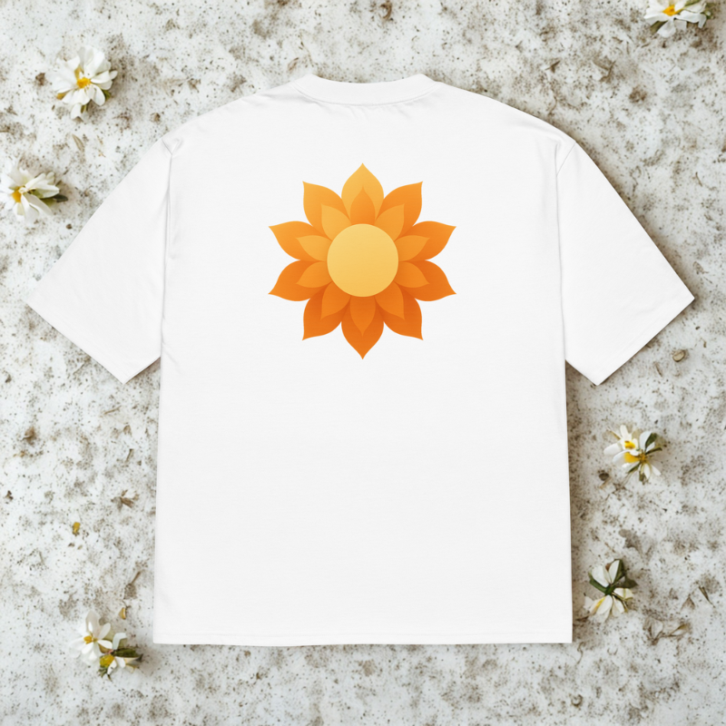 Back view of white tee with large orange sunrise-blossom graphic, soft shadows on pale concrete.