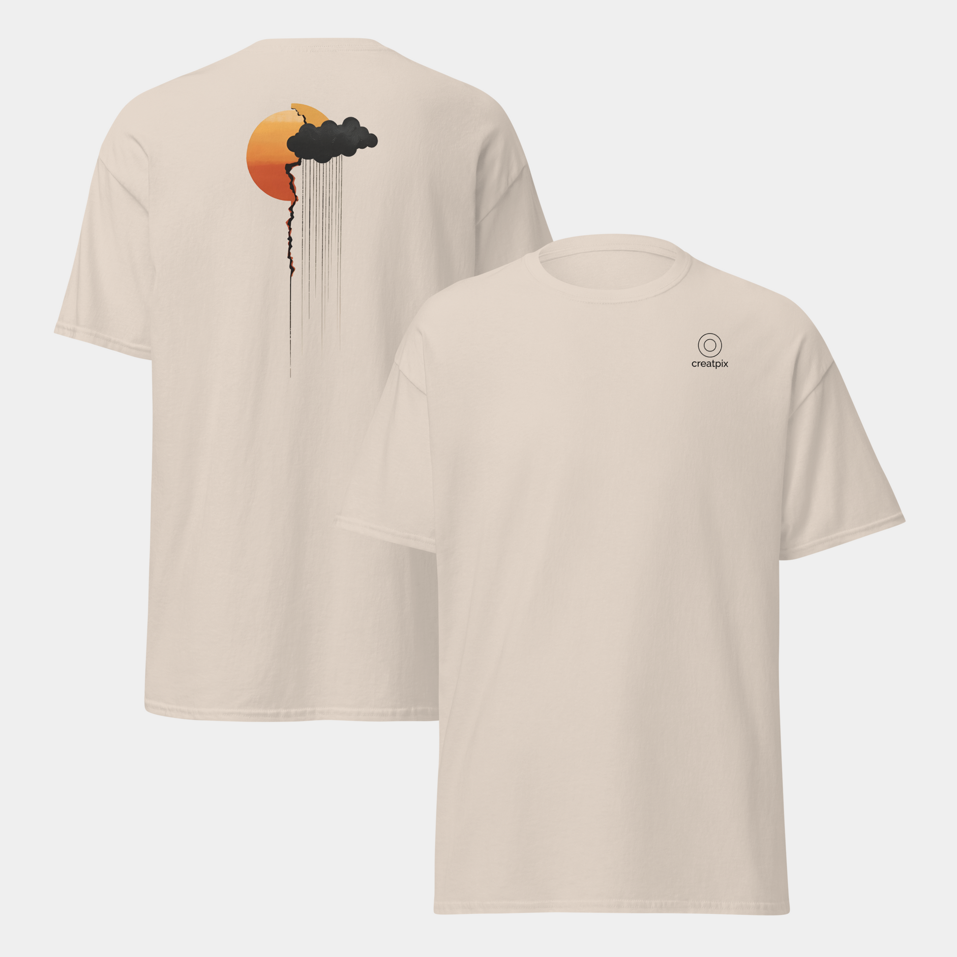 Product composite showing the plain front and the back with sun-and-cloud rain graphic, neutral grey background.