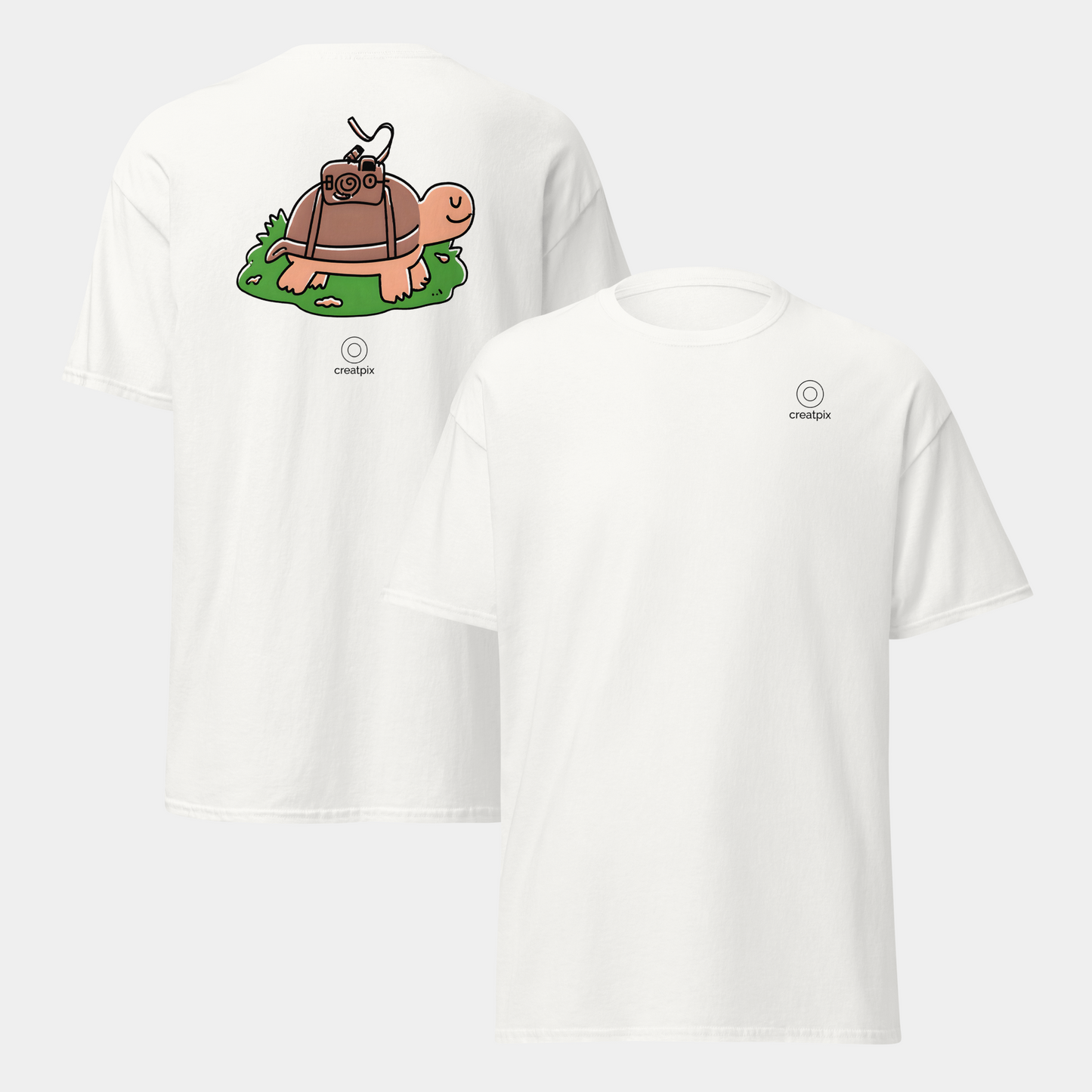 Front and back of white tee showing the turtle camera artwork on the back.