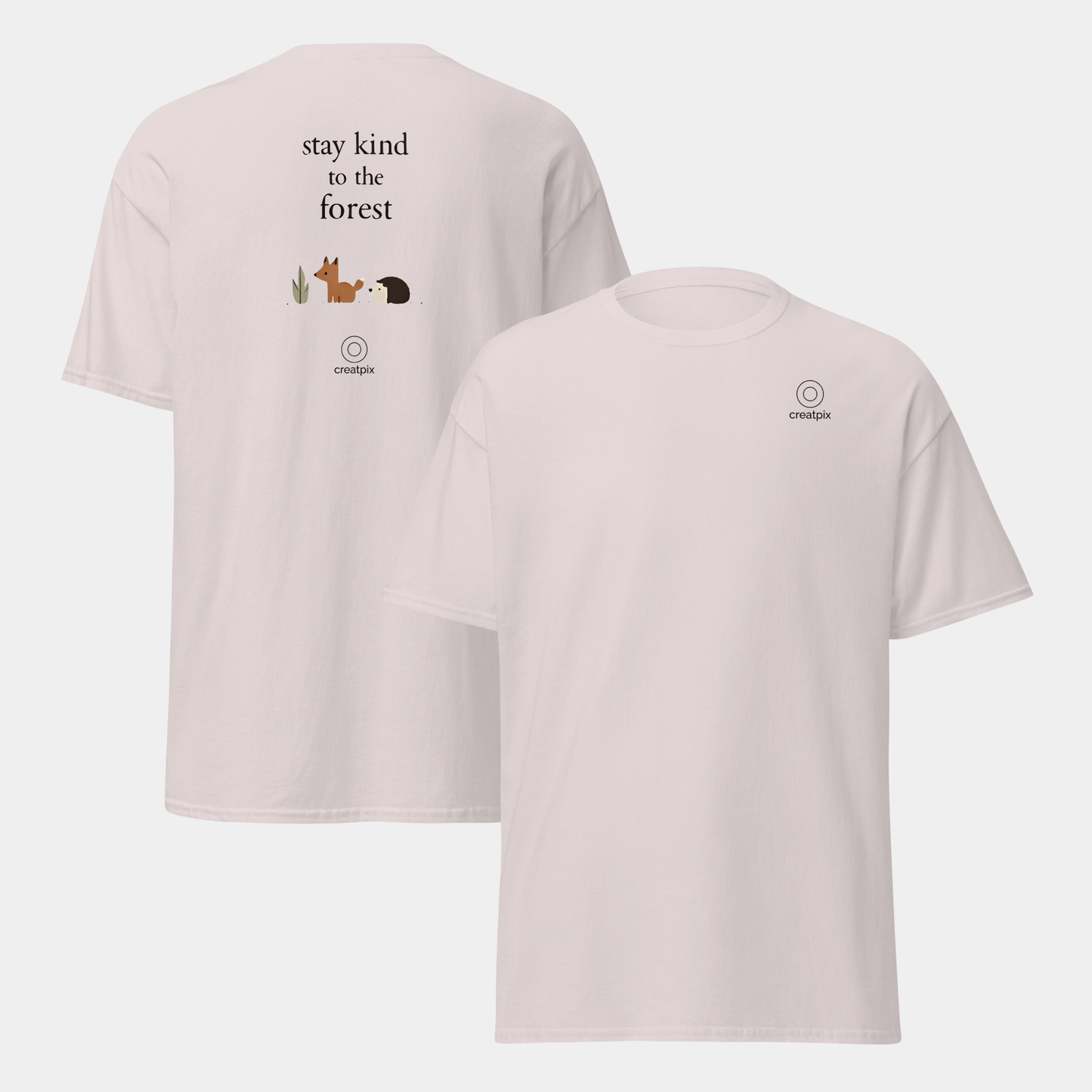 Front and back views showing the plain front and the back quote with small forest animals.