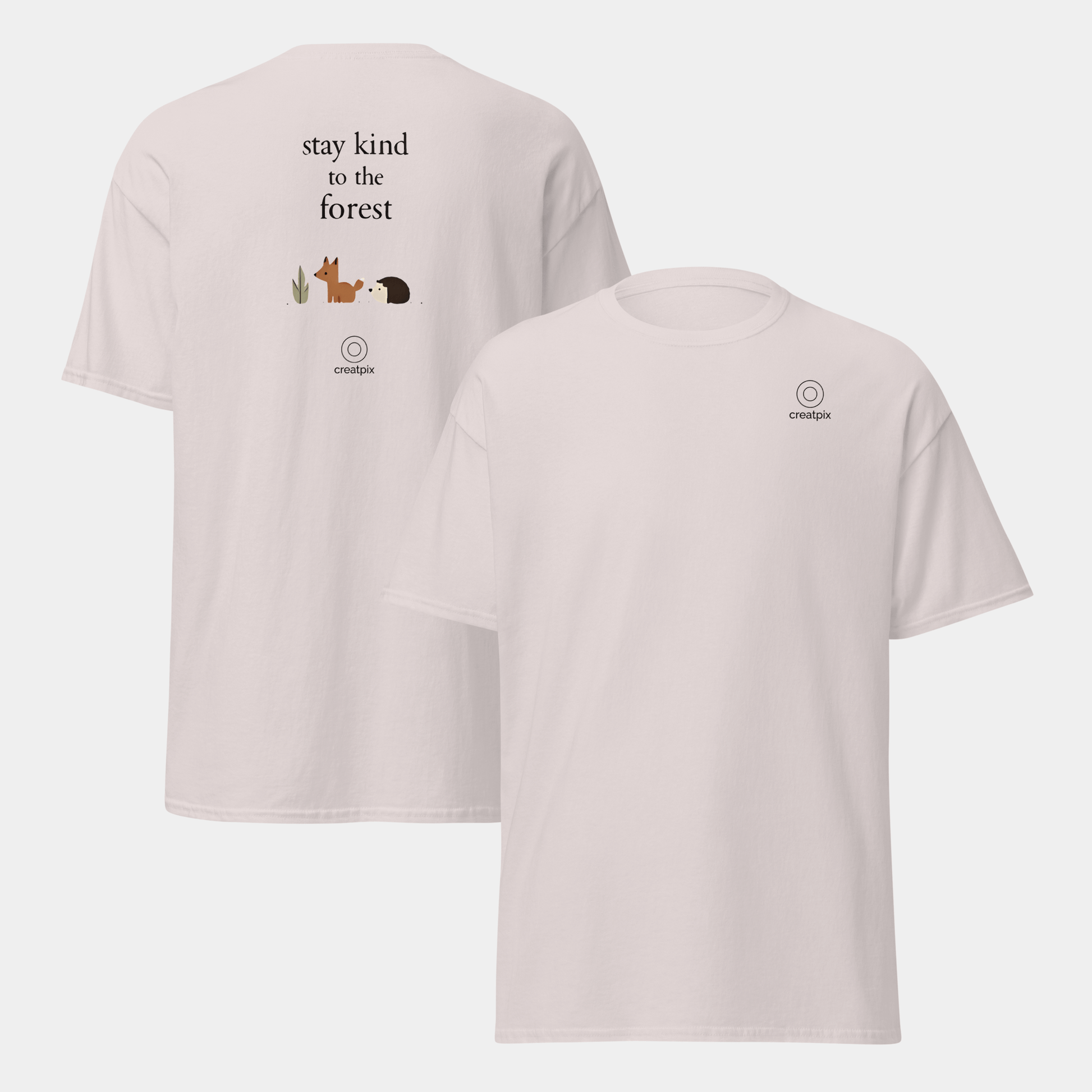 Front and back views showing the plain front and the back quote with small forest animals.