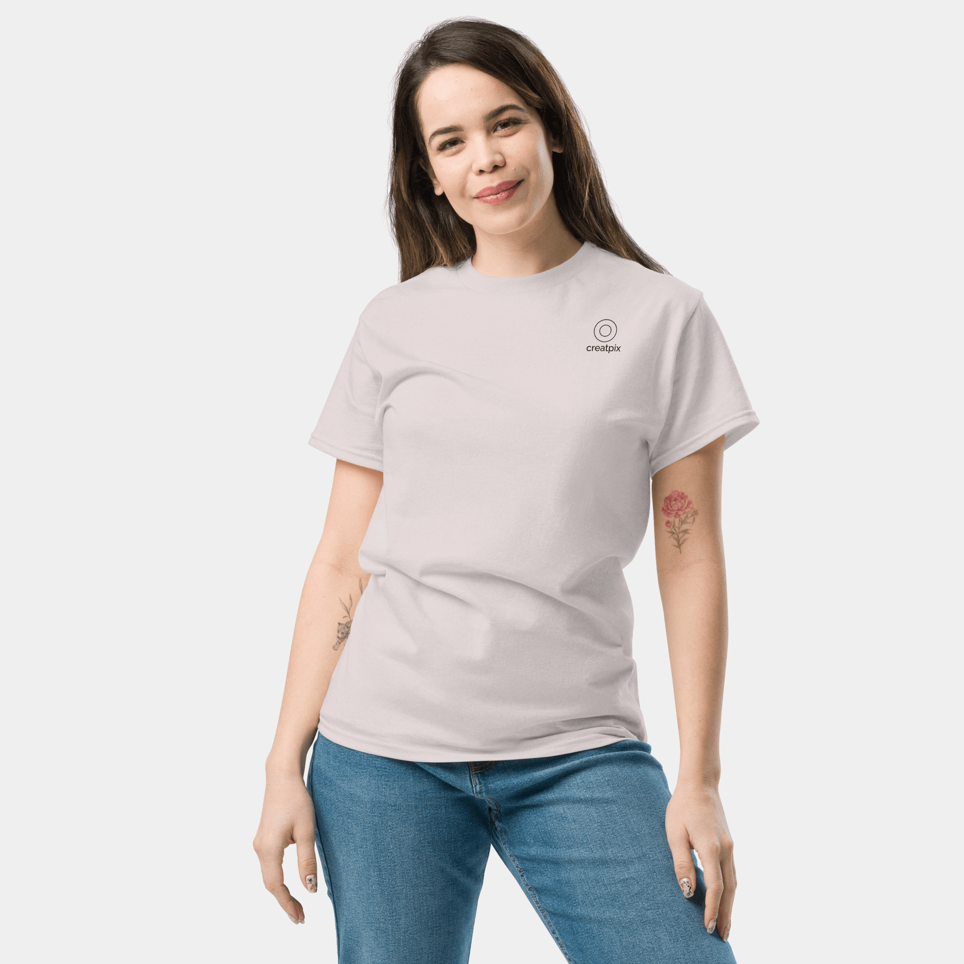 Front view of the white t-shirt with a clean, plain front for a minimal look.