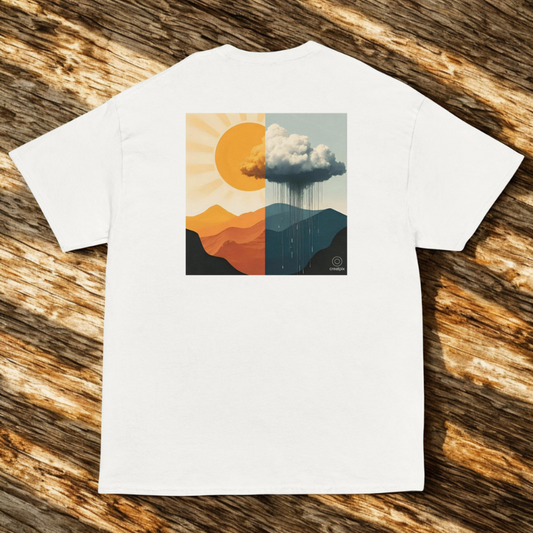 Back view of white t-shirt with split sunny and rainy mountain artwork, flat-lay on textured wood.