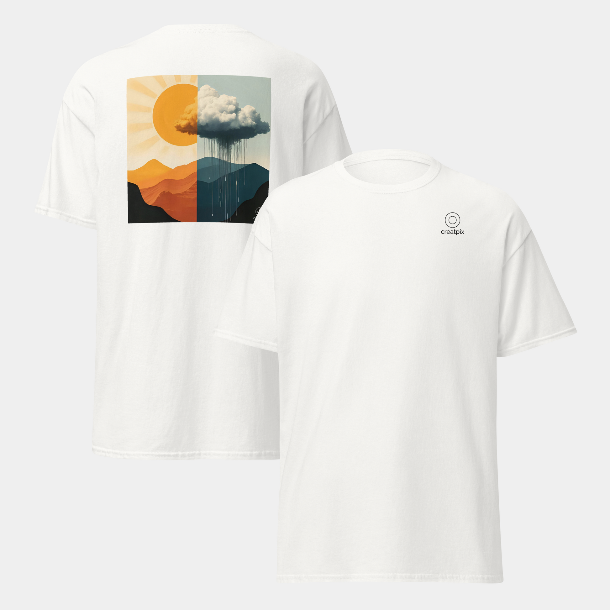 Front and back of white tee featuring the split sun-and-rain mountain print on the back.