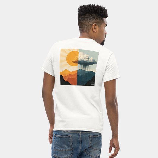 Back view of white T-shirt with square split artwork showing sunny peaks left and rainy mountains right.
