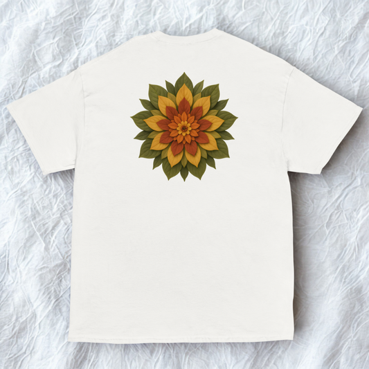 Back view of white tee with orange sunburst flower motif, neutral stone background.