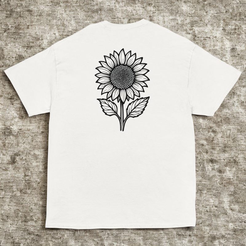 Back view of white tee with black sunflower line art and leaves, cool stone texture background.