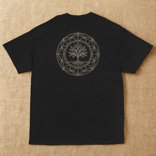 Back view of charcoal tee with intricate tree of life emblem inside a circle, gentle studio light on warm backdrop.