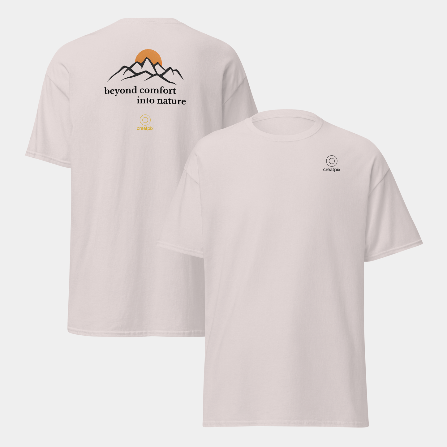 Light Creatpix tee showing plain front and mountain quote graphic on the back.