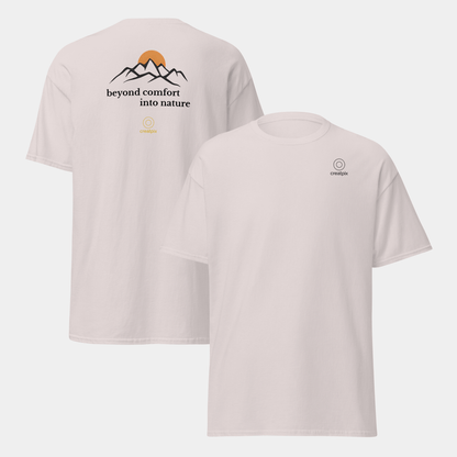 Light Creatpix tee showing plain front and mountain quote graphic on the back.
