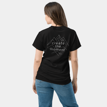 model wearing create the moment t-shirt (black) by creatpix