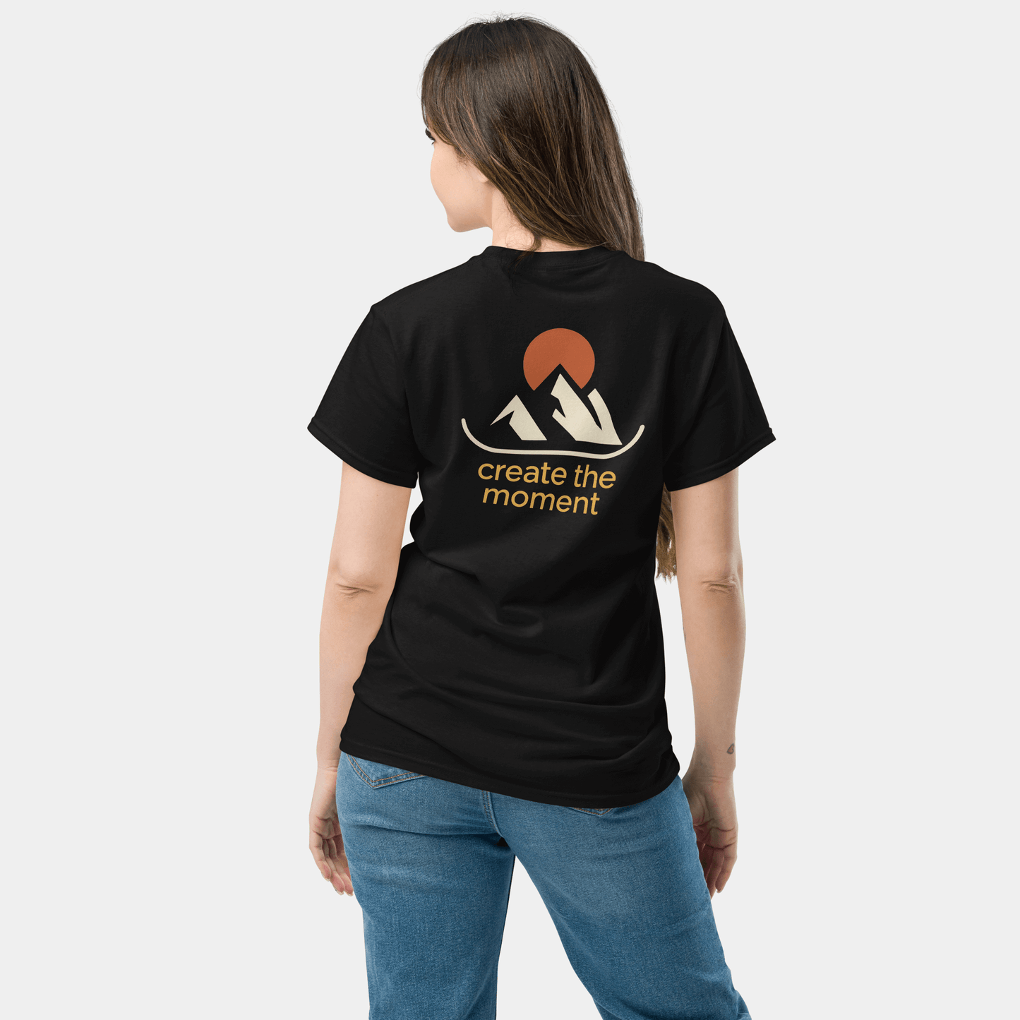 model wearing create the moment mountain t-shirt (black) by creatpix
