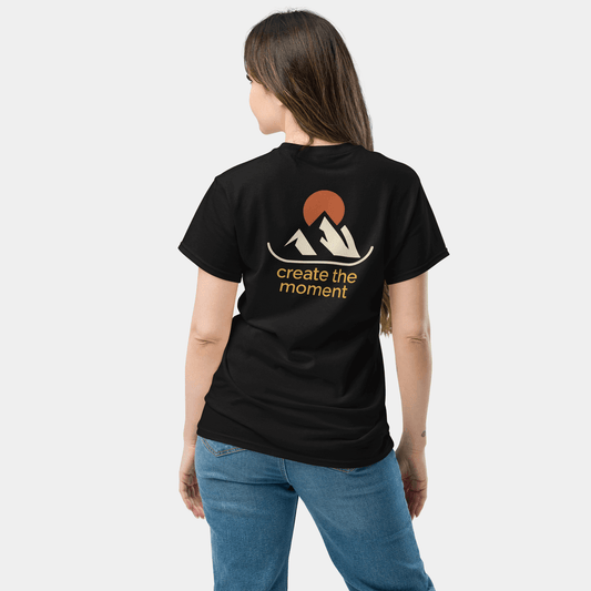 model wearing create the moment mountain t-shirt (black) by creatpix